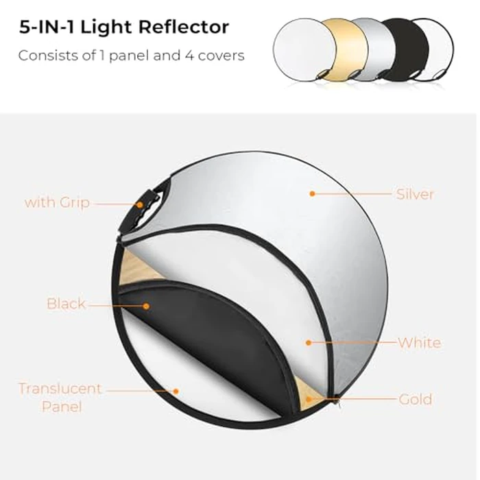 K&F CONCEPT 5-in-1 Light Reflector with Grip 22"(60cm) Photography Diffuser Collapsible Portable for Studio and Outdoor Lighting Gold Silver White Black Translucent by K&F CONCEPT - Image 2