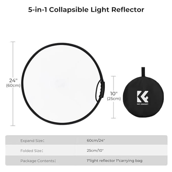 K&F CONCEPT 5-in-1 Light Reflector with Grip 22"(60cm) Photography Diffuser Collapsible Portable for Studio and Outdoor Lighting Gold Silver White Black Translucent by K&F CONCEPT - Image 4
