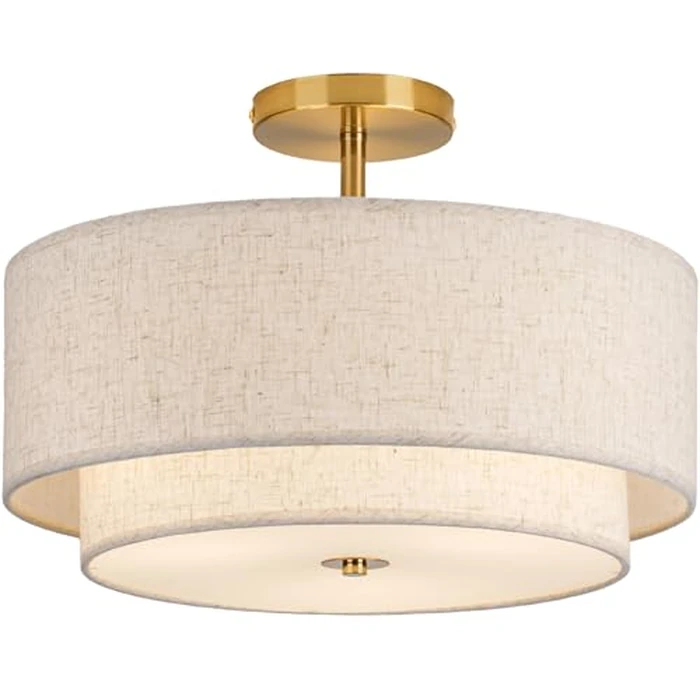 CALOKES 16" Double Drum Gold 3-Light Semi Flush Mount Ceiling Light, Classic Fabric Linen Shade Design for Living Room, Bedroom, Kitchen, Dining Room, Hallway and Entryway by CALOKES - Image 1