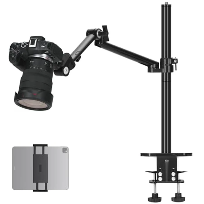 TARION Camera Arm Mount Desk Stand: Heavy Duty DSLR Desktop Mount Camera Stand with Tablet Holder Double C Clamp 1/4 3/8 Screw Adapter Articulating Arm for Selfie Streaming Videography TitanRig Lite Z by TARION - Used - Good condition