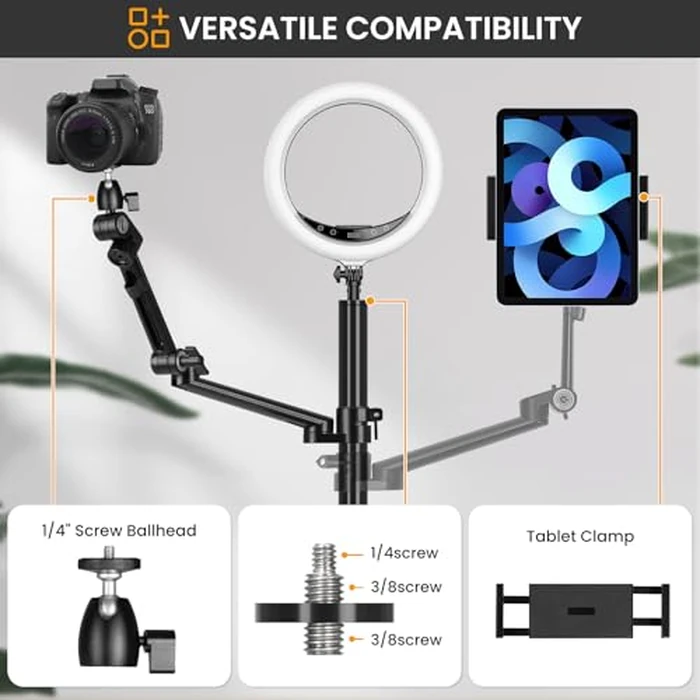 TARION Camera Arm Mount Desk Stand: Heavy Duty DSLR Desktop Mount Camera Stand with Tablet Holder Double C Clamp 1/4 3/8 Screw Adapter Articulating Arm for Selfie Streaming Videography TitanRig Lite Z by TARION - Image 2