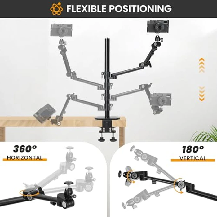 TARION Camera Arm Mount Desk Stand: Heavy Duty DSLR Desktop Mount Camera Stand with Tablet Holder Double C Clamp 1/4 3/8 Screw Adapter Articulating Arm for Selfie Streaming Videography TitanRig Lite Z by TARION - Image 3
