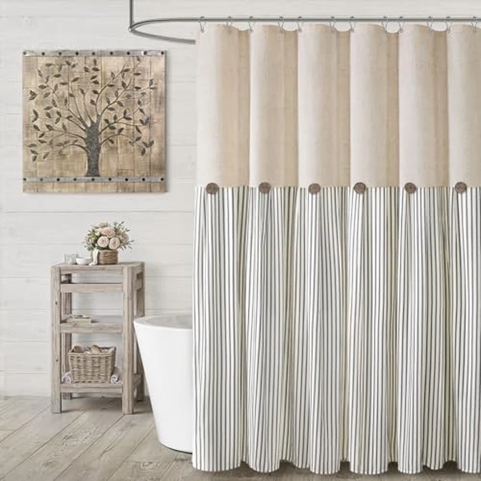 XOGUIBO Farmhouse Shower Curtain Linen Button Woven Fabric Country Rustic Western, Pleated Grey Stripe 72" W x 72" L by XOGUIBO - Used - Good condition