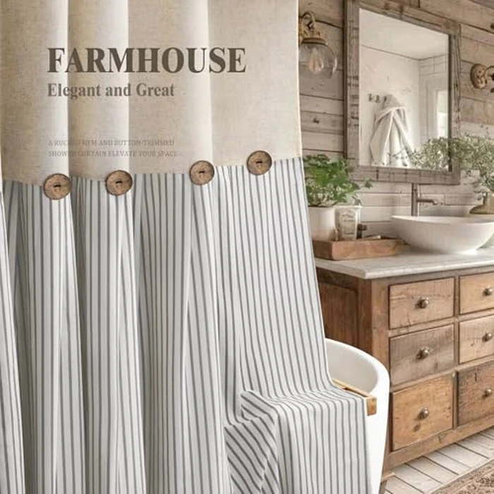 XOGUIBO Farmhouse Shower Curtain Linen Button Woven Fabric Country Rustic Western, Pleated Grey Stripe 72" W x 72" L by XOGUIBO - Image 3
