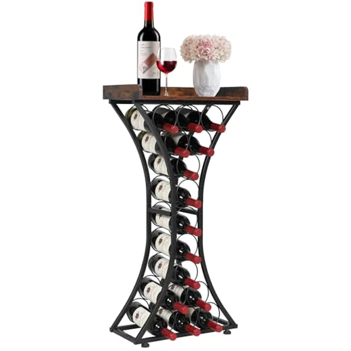 VEVOR 15 Bottle Wine Rack,Iron Freestanding Floor Wine Holder, Mini Bar Stand Liquor Cabinet with Wood Tabletop, for Home Bar,Kitchen,Living Room,Dining Room,16.9''L X 11.4''W X 35.2''H by VEVOR - Image 1