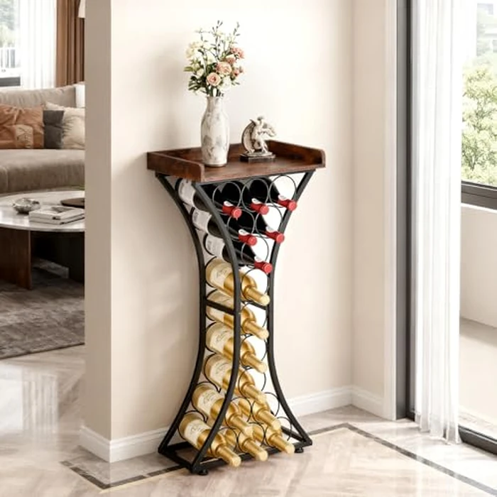 VEVOR 15 Bottle Wine Rack,Iron Freestanding Floor Wine Holder, Mini Bar Stand Liquor Cabinet with Wood Tabletop, for Home Bar,Kitchen,Living Room,Dining Room,16.9''L X 11.4''W X 35.2''H by VEVOR - Image 2