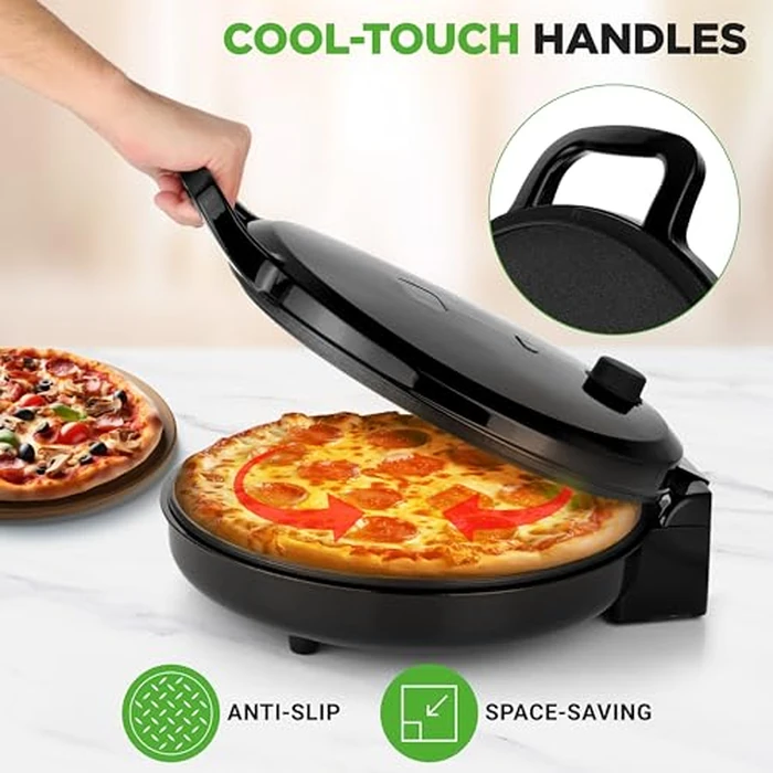 NutriChef Countertop Pizza Maker 1500W Non-Stick Electric Pizza Cooker Temp Control Handle Make 12" Pizzas, Eggs, Toast & More Cool-Touch Handles, Compact 175-400 degreesF Black by Nutrichef - Image 5