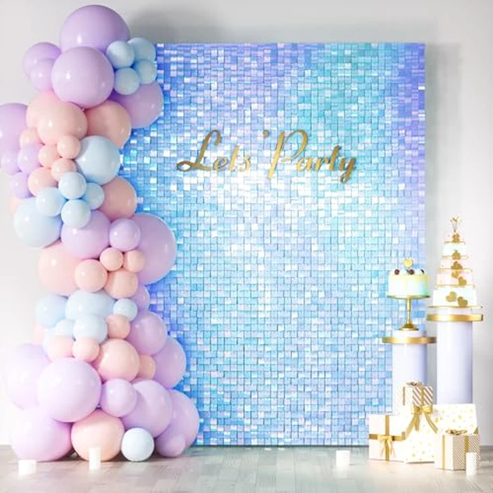 COKAOBE Rainbow Blue Shimmer Wall Backdrop 24PCS Square Sequin Shimmer Backdrop Panels, Photo Backdrops for Baby Shower Mermaid Unicorn Birthday Anniversary Wedding Decoration (Rainbow Blue) by COKAOBE - Used - Good condition - CA$98.99