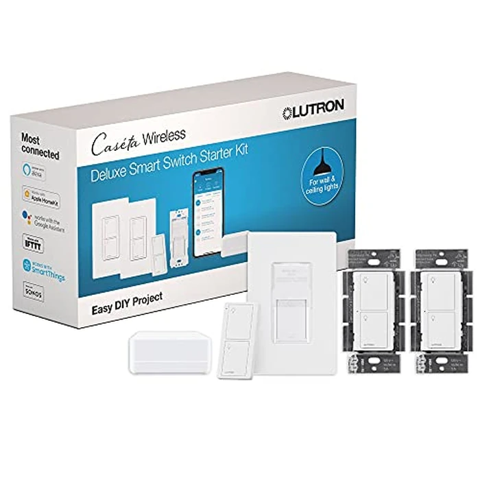 Lutron Caseta Deluxe Smart Light Switch Kit w/Wall Plate and Smart Hub, Compatible w/Alexa, Apple Home, Google Home, Single-Pole/3 Way, 5 Amp, P-BDG-PKG2WS-WH by Lutron - Used - Acceptable condition - CA$138.94