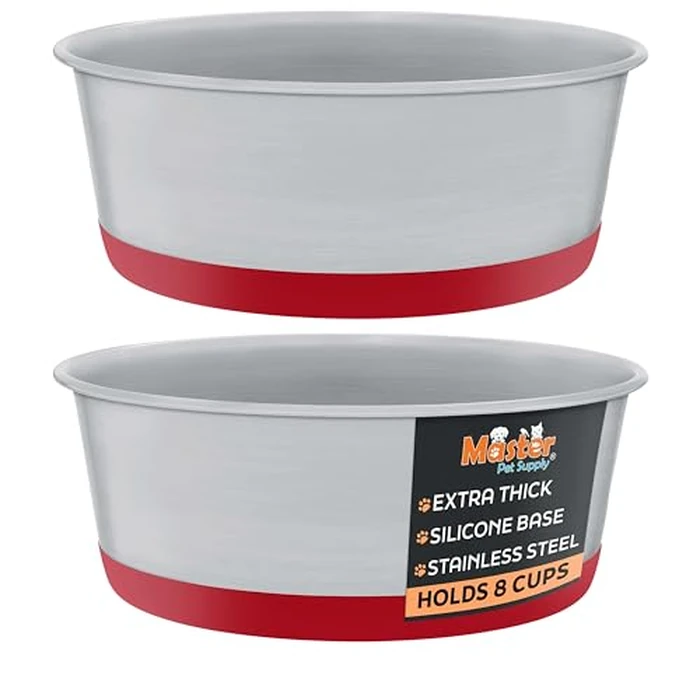 Master Pet Supply Stainless Steel Dog Bowls Set of 2 with Extra Thick Silicone Base - 8 Cup (64 oz) Crimson Red, Non-Slip, Dishwasher Safe Metal Bowls, Pet Dog Food Bowl for Dogs, Cats, Anti Rust by Master Pet Supply - Image 1