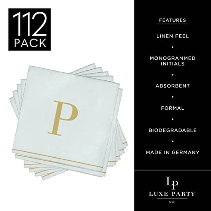 Luxe Party 112 Pack Monogram Cocktail Napkins, Letter P Initial, Disposable, Premium Airlaid, Linen Feel, Decorative, White and Gold by LUXE PARTY - Image 2