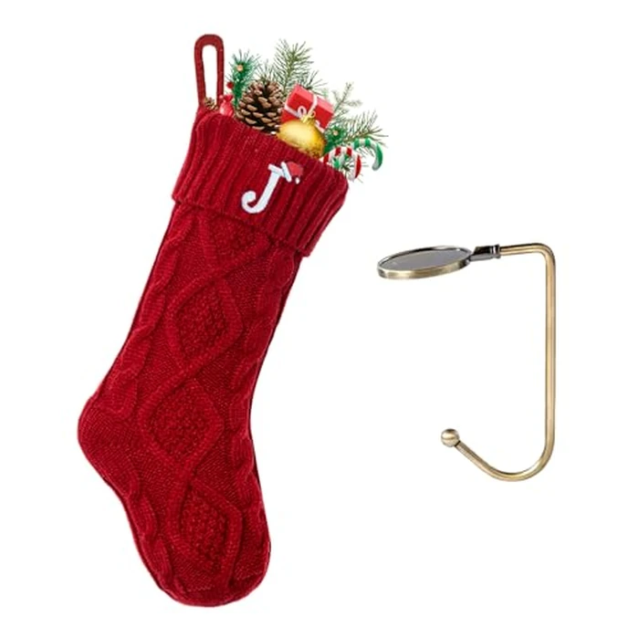 VRFASHION Christmas Stockings with Initials, Letter J Embroidered Xmas Stockings, 18" Large Monogram Knitted Xmas Stocking, Christmas Party Fireplace Family Hanging Stocking Decorations(1 Pack, Red) by VRFASHION - Image 1