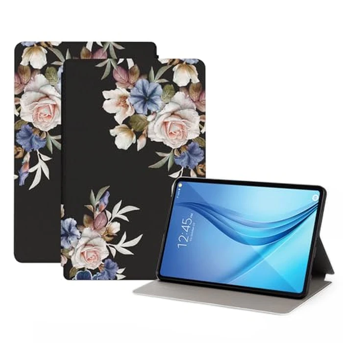 Nuouxoco Premium PU Leather Cover for Samsung Galaxy Tab E 2015 (SM-T560/T561/T565/T567), Shockproof Protective Case with Folding Stand and Auto Wake/Sleep, Black Flowers by Nuouxoco - Used - Like New condition - US$13.53