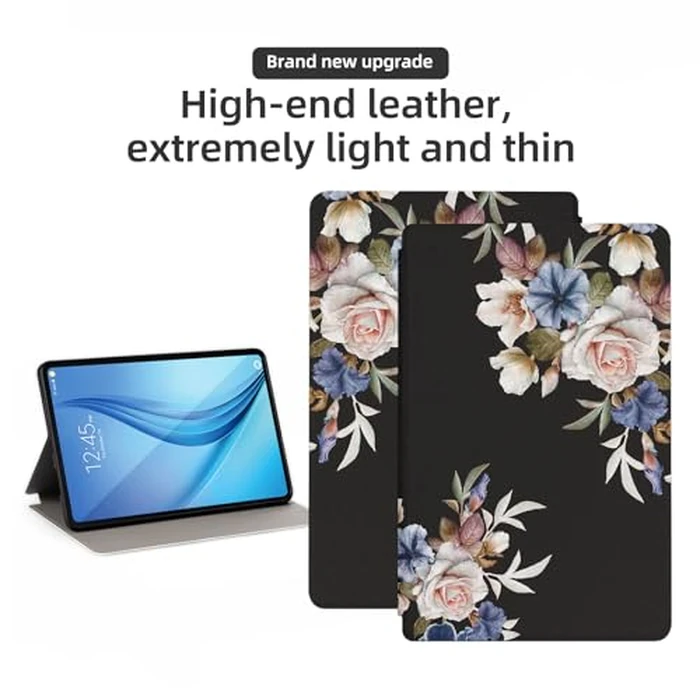 Nuouxoco Premium PU Leather Cover for Samsung Galaxy Tab E 2015 (SM-T560/T561/T565/T567), Shockproof Protective Case with Folding Stand and Auto Wake/Sleep, Black Flowers by Nuouxoco - Image 2