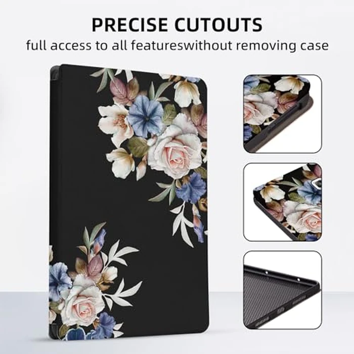 Nuouxoco Premium PU Leather Cover for Samsung Galaxy Tab E 2015 (SM-T560/T561/T565/T567), Shockproof Protective Case with Folding Stand and Auto Wake/Sleep, Black Flowers by Nuouxoco - Image 4