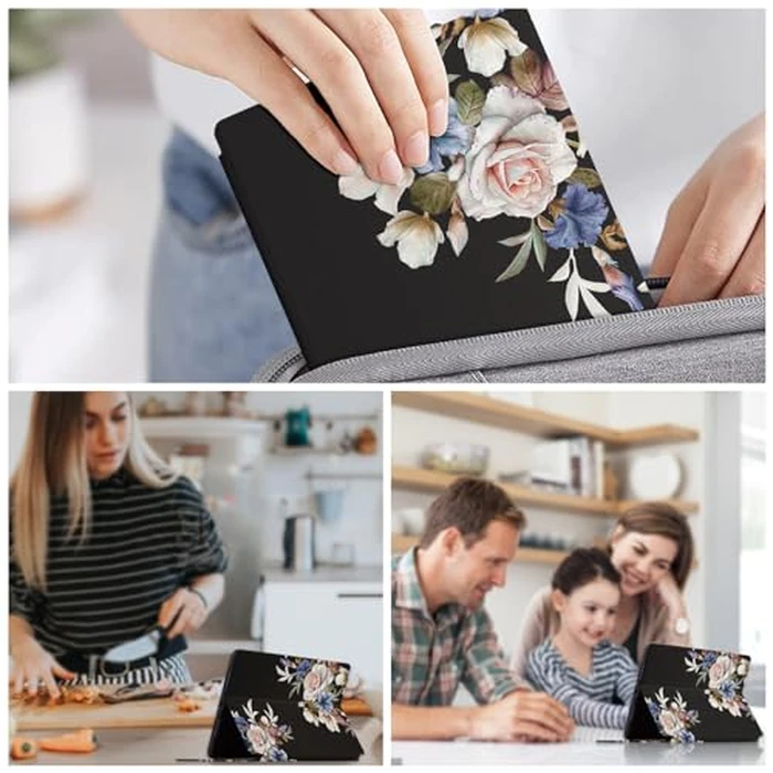 Nuouxoco Premium PU Leather Cover for Samsung Galaxy Tab E 2015 (SM-T560/T561/T565/T567), Shockproof Protective Case with Folding Stand and Auto Wake/Sleep, Black Flowers by Nuouxoco - Image 7