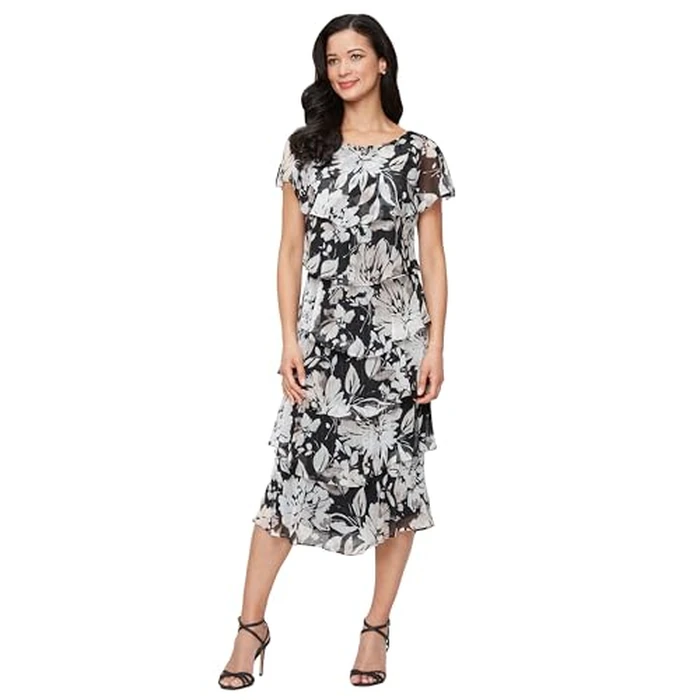 S.L. Fashions Women's Tiered Midi Wedding Guest, Mother of The Bride Dress with Bead Embellishment (Petite and Regular Sizes) by S.L. Fashions - Image 1