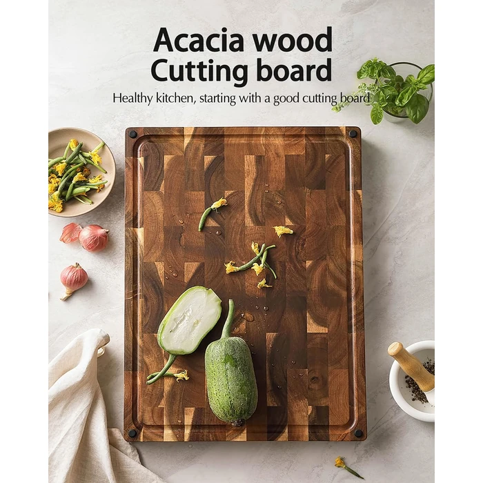 XINZUO Large Thick End Grain Acacia Wood Cutting Board- (19''L x 14''W x 1.5''T) Reversible Wooden Chopping Board with Non-Slip Feet, Built-in Handles and Juice Groove- Butcher Block Cutting Board by XINZUO - Image 4
