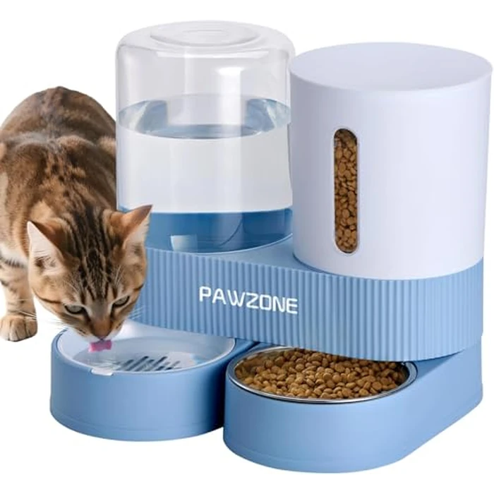 2 Pack Automatic Cat Feeder Stainless Steel Water Dispenser Gravity Food Feeder and Waterer Set with Pet Food Bowl for Small Medium Kitten Puppy Pets Large Capacity(Blue) by Pawzone - Used - Very Good condition