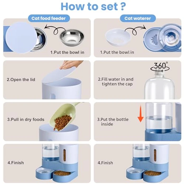 2 Pack Automatic Cat Feeder Stainless Steel Water Dispenser Gravity Food Feeder and Waterer Set with Pet Food Bowl for Small Medium Kitten Puppy Pets Large Capacity(Blue) by Pawzone - Image 4