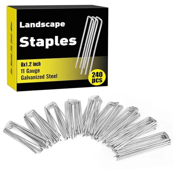 HongWay 240 Pack 6 Inch Landscape Staples, Garden Stakes Galvanized Tent Stakes Heavy Duty 11 Gauge SOD Landscaping Fabric Pins Yard Ground Lawn Staples for Plant Cover, Turf, Fence, Grass Decoration by HongWay - Used - Very Good condition - US$18.69