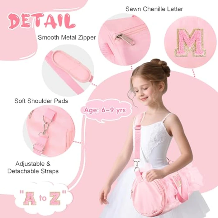 Personalized Initial Dance Bag for Girls 6-9, Medium Lace Gym Sport Yoga Cheer Dance Bags Gift for Teen Girls, Cute Letter Kids Ballet Bag Toddler Travel Duffel Tote with Adjustable Straps(Pink-M) by Iqimott - Image 3