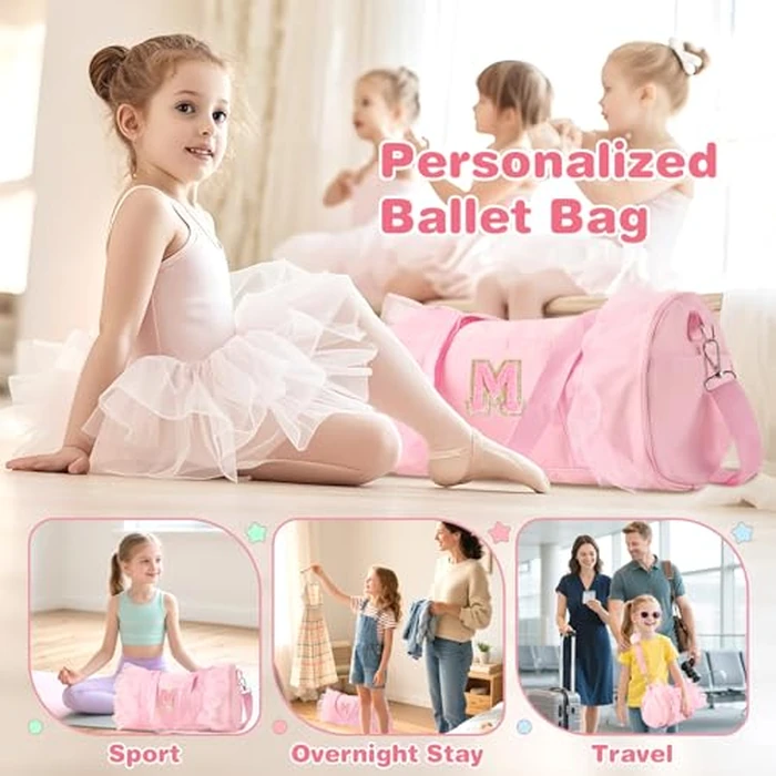 Personalized Initial Dance Bag for Girls 6-9, Medium Lace Gym Sport Yoga Cheer Dance Bags Gift for Teen Girls, Cute Letter Kids Ballet Bag Toddler Travel Duffel Tote with Adjustable Straps(Pink-M) by Iqimott - Image 5