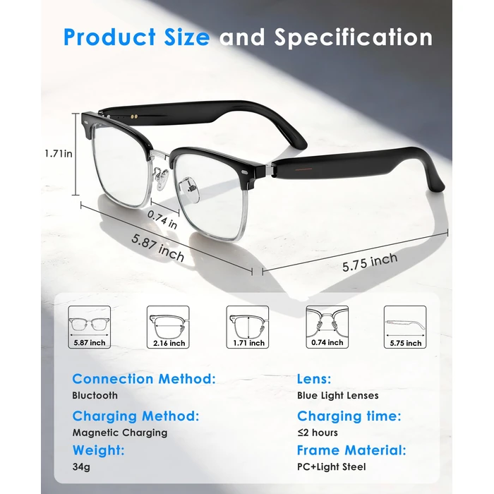 GLOSSIA AI Smart Glasses, Bluetooth Glasses for Men Women, Blue Light Smart Glasses, Hands-Free Calls, Music and Voice Control for Work/Study/Travel by GLOSSIA - Image 4