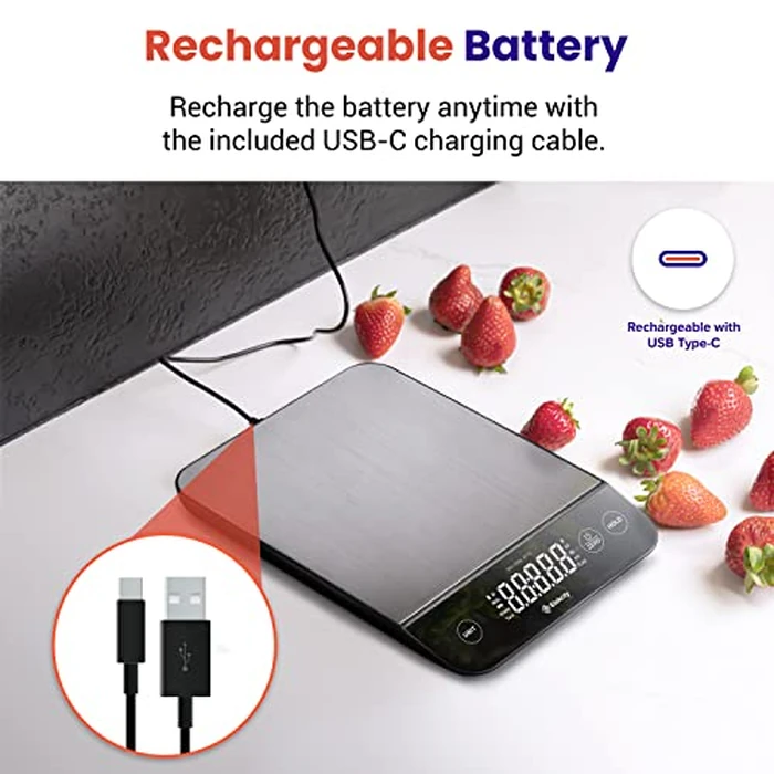 Etekcity Digital Food Kitchen Scale, Grams and Oz for Weight Loss, Baking and Cooking, 0.05oz/1g Precise Graduation,5 Weight Units, IPX6 Waterproof, USB Rechargeable,304 Stainless Steel-Silver, 22lb by Etekcity - Image 3