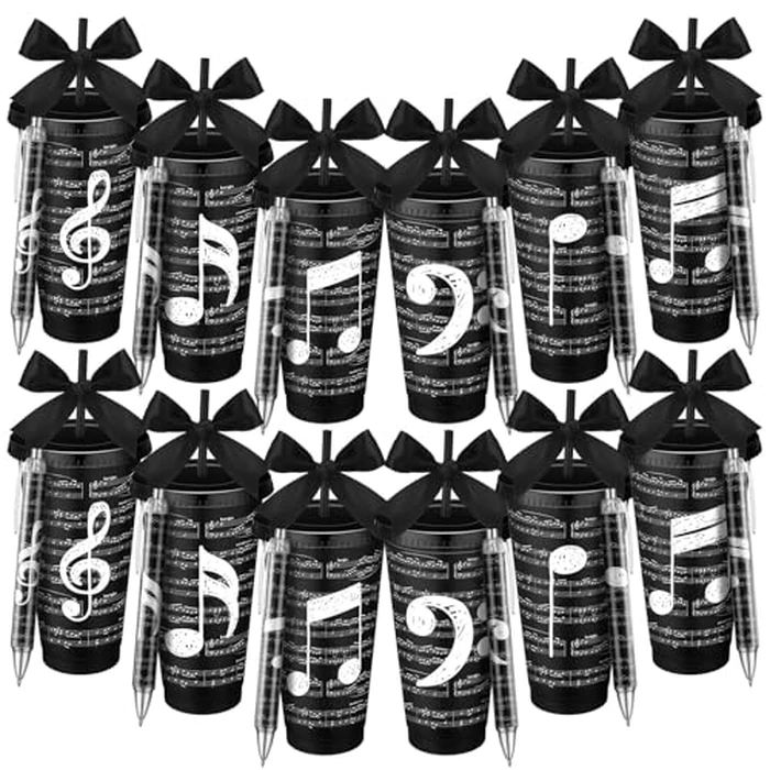 12 Set Musical Cups and Pen Kit, Music Themed Gifts Bulk 24 oz Musical Note Plastic Cup and Ballpoint Pen Kit for Music Lovers Musicians Teachers Students Band Choir Graduation Party Favors(Black) by Skylety - Image 1
