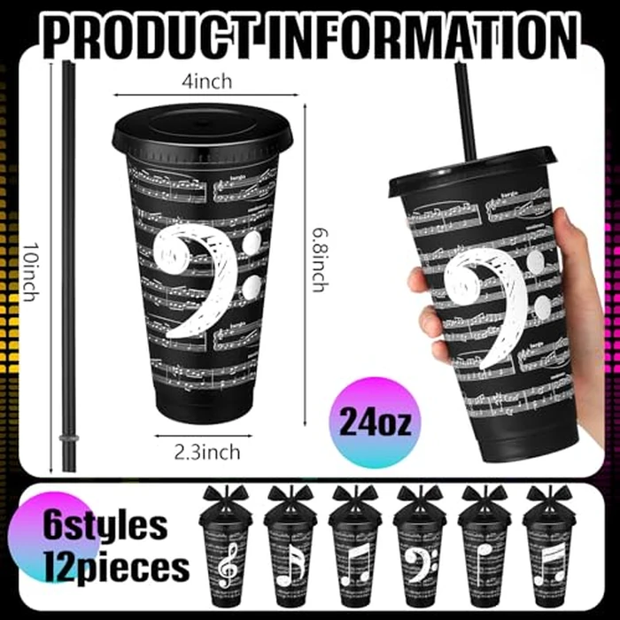 12 Set Musical Cups and Pen Kit, Music Themed Gifts Bulk 24 oz Musical Note Plastic Cup and Ballpoint Pen Kit for Music Lovers Musicians Teachers Students Band Choir Graduation Party Favors(Black) by Skylety - Image 2