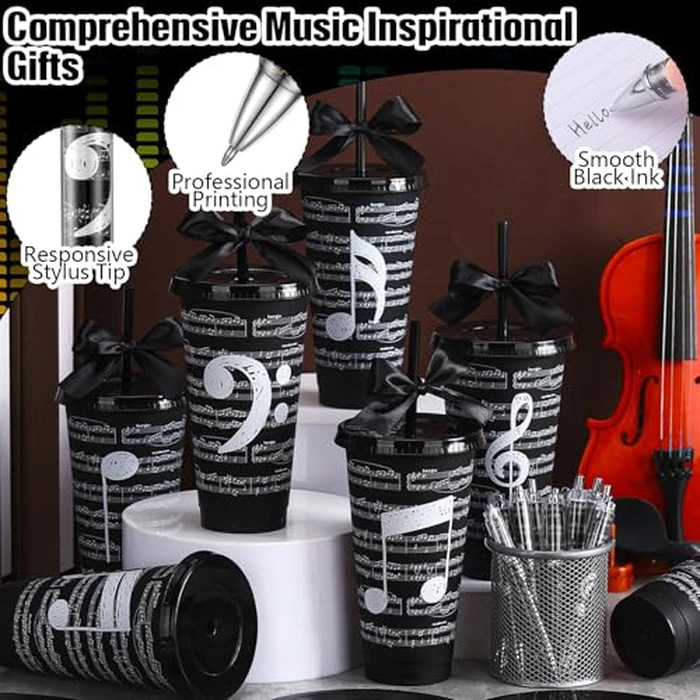12 Set Musical Cups and Pen Kit, Music Themed Gifts Bulk 24 oz Musical Note Plastic Cup and Ballpoint Pen Kit for Music Lovers Musicians Teachers Students Band Choir Graduation Party Favors(Black) by Skylety - Image 4