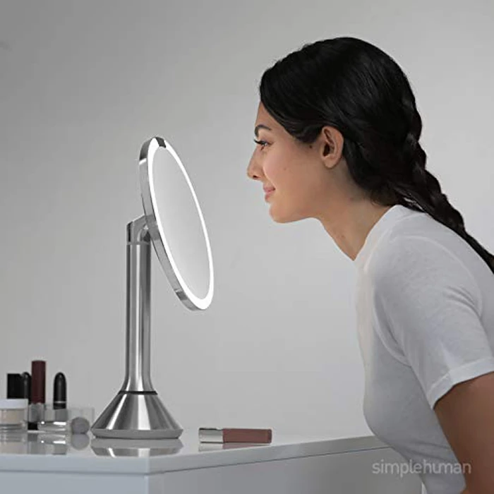 simplehuman 8" Round Sensor Makeup Mirror with Touch-Control Dual Light Settings, 5x Magnification, Rechargeable and Cordless, Brushed Stainless Steel, 8" by simplehuman - Image 2