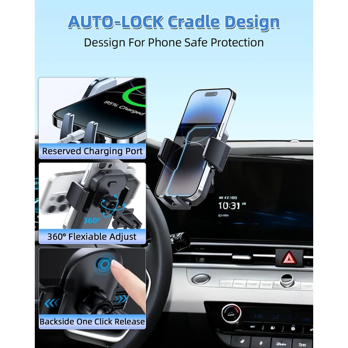 PZK Car Phone Holder for Hyundai Elantra 2021-2025 SE/SEL/Sport/Limited/N Line Accessories 8-Inch/10.25-Inch Screen Auto Lock Car Phone Mount 360 degrees Rotation Phone Cradles Not Affect Air Vent by PZK - Image 3