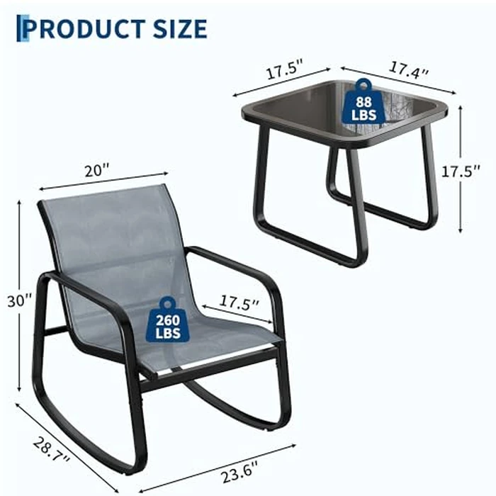 Garvee 3 Piece Outdoor Rocking Bistro Set, Textilene Fabric Small Patio Furniture Set with Iron Armrests and Coffee Table for Lawn, Porch, Balcony, Poolside by Garvee - Image 2