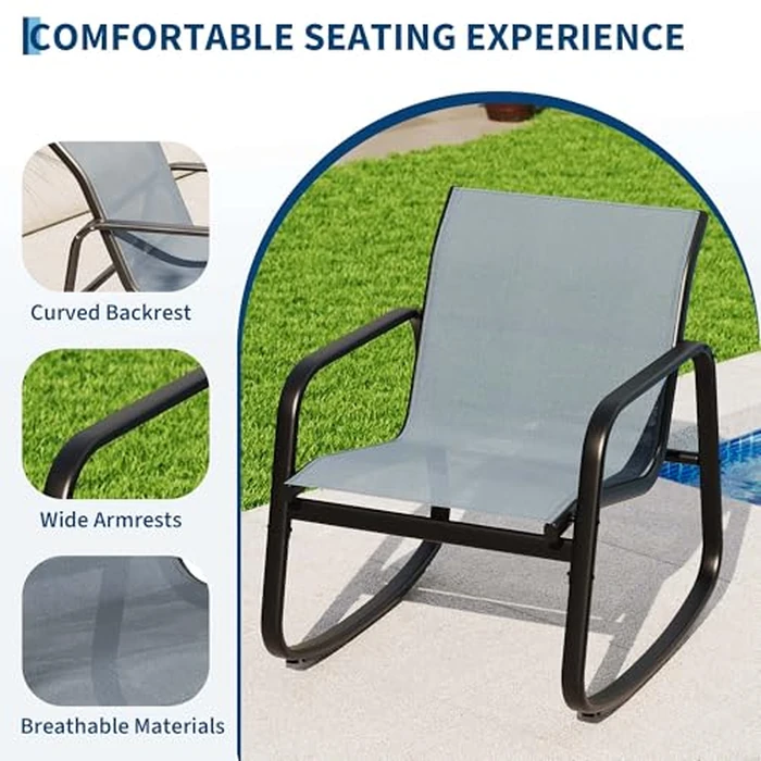 Garvee 3 Piece Outdoor Rocking Bistro Set, Textilene Fabric Small Patio Furniture Set with Iron Armrests and Coffee Table for Lawn, Porch, Balcony, Poolside by Garvee - Image 3