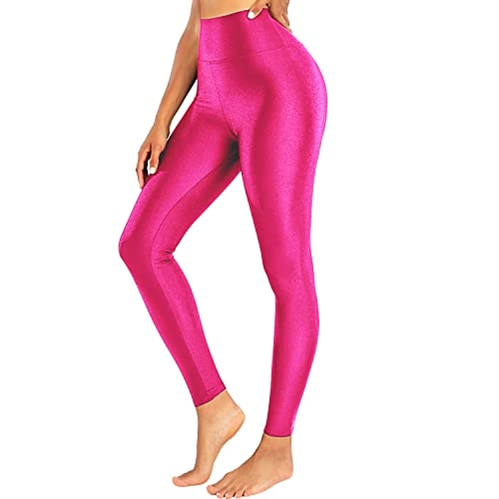 Sghenr Women's High Waisted Yoga Pants Tummy Control Shiny Sports Tights Workout Leggings (Rose,S) by Sghenr - Image 1