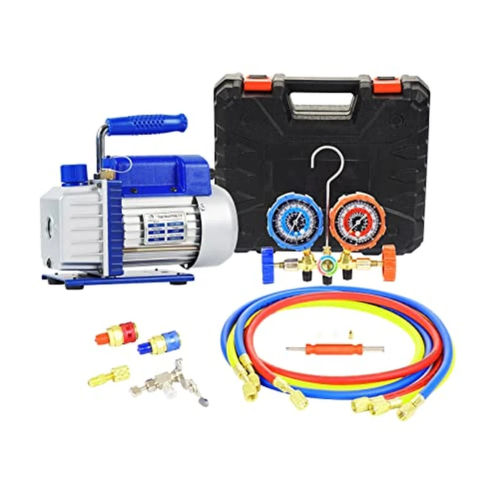 P PBAUTOS 3.5CFM 1/4HP Single-Stage Vacuum Pump with 3-Way Manifold Gauge Set for HVAC Refrigeration - Compatible with R12, R22, R134A, R502, Ideal for Recharging and Maintenance, Oil Not Included by P PBAUTOS - Used - Like New condition - US$63.12