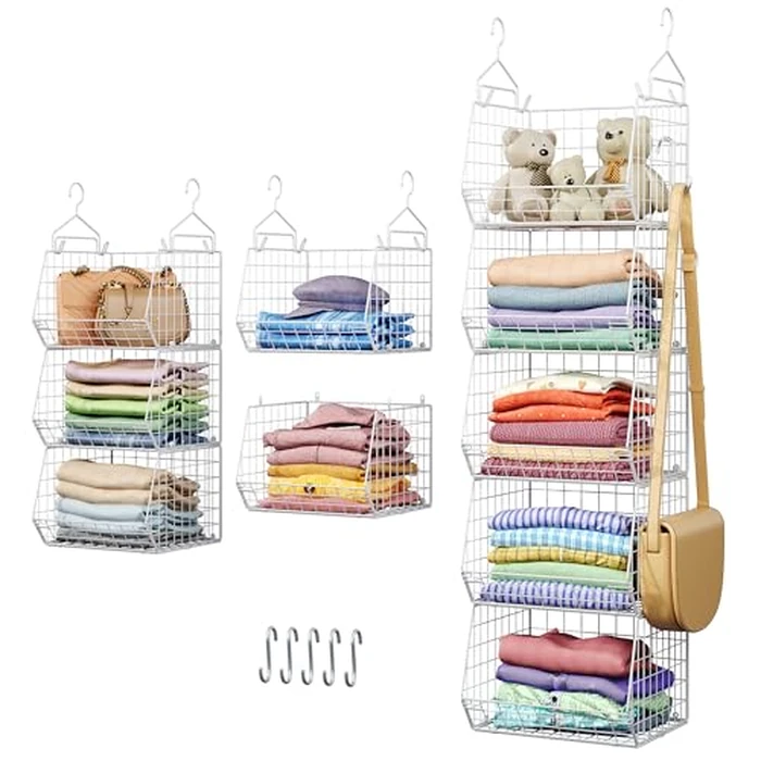 5 Tier Closet Hanging Organizer, Clothes Hanging Shelves with 4 Hanging Hooks 5 S Hooks, Wire Storage Basket Bins, for Clothing Sweaters Shoes Handbags Clutches Accessories Patent Design-White by X-cosrack - Used - Like New condition