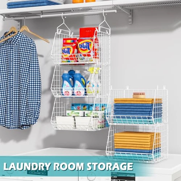 5 Tier Closet Hanging Organizer, Clothes Hanging Shelves with 4 Hanging Hooks 5 S Hooks, Wire Storage Basket Bins, for Clothing Sweaters Shoes Handbags Clutches Accessories Patent Design-White by X-cosrack - Image 5