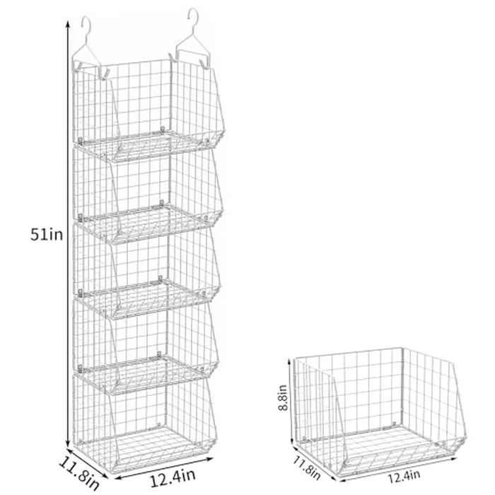 5 Tier Closet Hanging Organizer, Clothes Hanging Shelves with 4 Hanging Hooks 5 S Hooks, Wire Storage Basket Bins, for Clothing Sweaters Shoes Handbags Clutches Accessories Patent Design-White by X-cosrack - Image 7