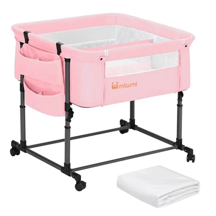 MTWML Twin Bassinet for 2 Babies,Portable Twins Crib with Storage Bag and Replaceable Mattress Cover,Adjustable Height Double Bedside Crib Attaches to Bed with Strap for 0-6 Months (Pink) by MTWML - Image 1