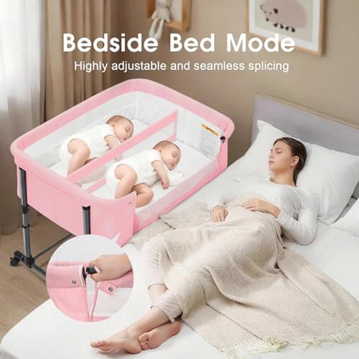 MTWML Twin Bassinet for 2 Babies,Portable Twins Crib with Storage Bag and Replaceable Mattress Cover,Adjustable Height Double Bedside Crib Attaches to Bed with Strap for 0-6 Months (Pink) by MTWML - Image 2