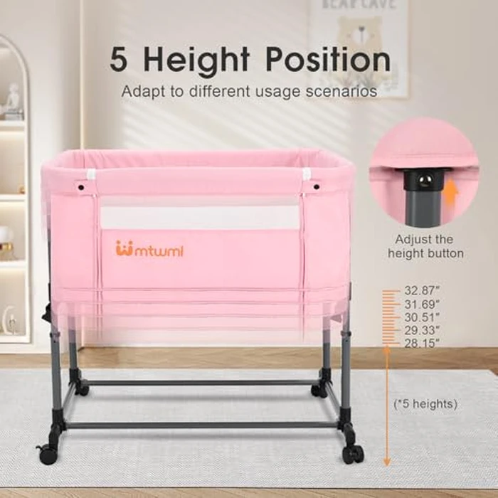 MTWML Twin Bassinet for 2 Babies,Portable Twins Crib with Storage Bag and Replaceable Mattress Cover,Adjustable Height Double Bedside Crib Attaches to Bed with Strap for 0-6 Months (Pink) by MTWML - Image 5