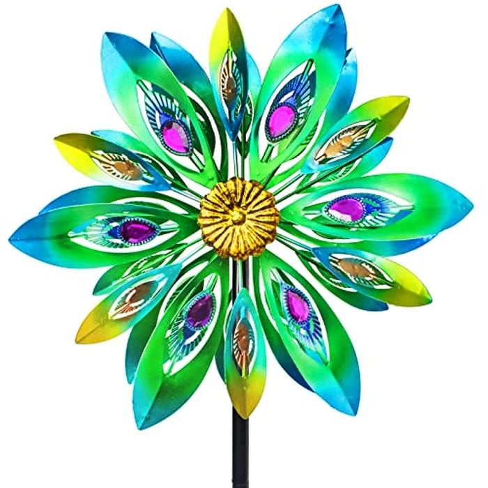 VEWOSTAR 53 Inch Wind Spinner - Outdoor Metal Peacock Wind Sculptures for Garden, Patio, Yard, Lawn Decorations Double Windmill Spinner by VEWOSTAR - Image 1