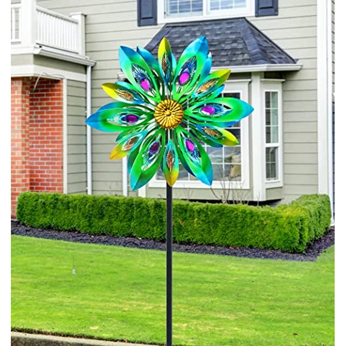 VEWOSTAR 53 Inch Wind Spinner - Outdoor Metal Peacock Wind Sculptures for Garden, Patio, Yard, Lawn Decorations Double Windmill Spinner by VEWOSTAR - Image 2