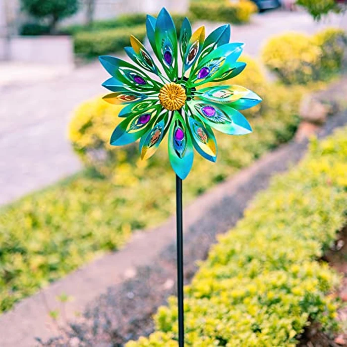 VEWOSTAR 53 Inch Wind Spinner - Outdoor Metal Peacock Wind Sculptures for Garden, Patio, Yard, Lawn Decorations Double Windmill Spinner by VEWOSTAR - Image 7