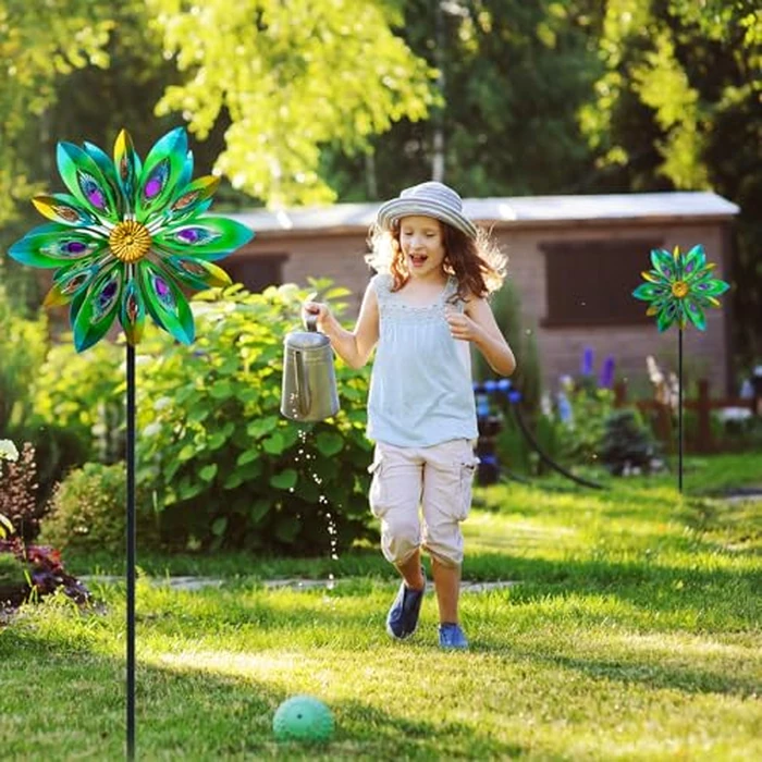 VEWOSTAR 53 Inch Wind Spinner - Outdoor Metal Peacock Wind Sculptures for Garden, Patio, Yard, Lawn Decorations Double Windmill Spinner by VEWOSTAR - Image 8