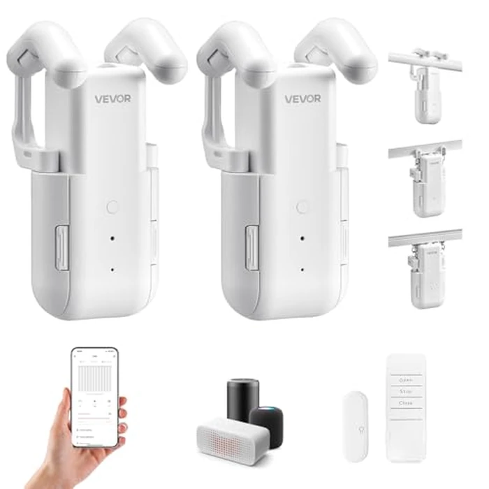 VEVOR Automatic Curtain Opener, 2 Pack, APP and Remote Control, Hub Included, Electric Smart Curtain Opener Compatible with Alexa and Google Home, Timed Opening and Closing, for Roman Rods, U/I Rails by VEVOR - Used - Acceptable condition - CA$93.88
