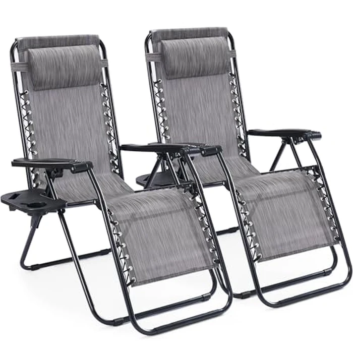 Sweetcrispy Zero Gravity Chairs, Set of 2 Portable Recliner Beach Camping Patio Outdoor Folding Lounge Chair with Cup Holder Trays and Adjustable Pillow for Poolside, Garden, Backyard, Lawn (Grey) by Sweetcrispy - Used - Very Good condition - US$59.23